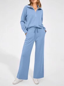 Women's 2 Piece Outfits Casual Lapel Half Zip Sweatshirts And Wide Leg Pants Tracksuit Sets - 藍色 - 查看 4