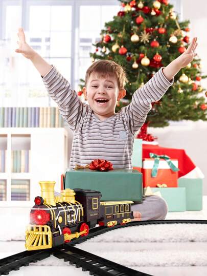 圣诞装饰经典蒸汽儿童电动轨道火车套装，带火车仿真音效，圣诞音乐，带喷雾，含车厢轨道，适合3岁以上男孩女孩的经典玩具火车套装，返校