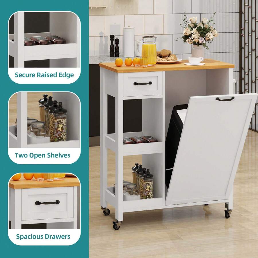 Sturdum Kitchen Island Cart With Wood Top Mobile Carts With Trash Can