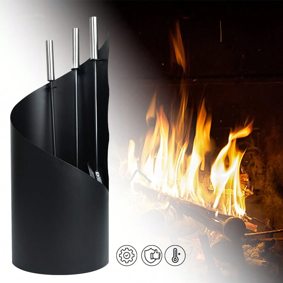 VA-Cerulean Fireplace Tools 4-Piece Stainless Steel - Modern Oven Tool Set With Poker, Fireplace Shovel, Ash Brush And Stand - Fireplace Set In Classic Design With Stainless Steel Handles - Black - View 1