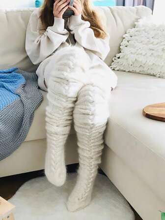 1pair White Thigh High Socks, Over-The-Knee Warm Fleece Socks For Women, Suitable For Autumn, Winter, Festivals And Parties, Cozy