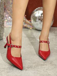 Women's Pointed Toe Red High Heel Shoes - Red - View 2