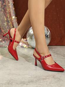 Women's Pointed Toe Red High Heel Shoes - Red - View 4