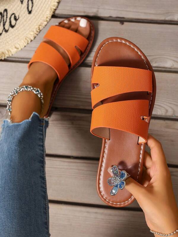 Fashion Casual Flat Sandals For Women, Summer Slip-On Open Toe Woven Roman Sandals For Beach, Outdoor, White, Khaki, Black, Orange, Yellow, Purple, Grey, Gold, Silver, Blue, Green, Rose Red, Brown, Leopard Print Formal Shoes, Boho Style, Navy, Studded, Comfortable Slides
