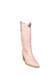 High-Quality Women's Cowboy Boots With Thick Heels, Punk Y2K Style, Mid-Calf Boots For Women's Jackets - Baby Pink - View 8