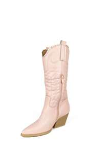 High-Quality Women's Cowboy Boots With Thick Heels, Punk Y2K Style, Mid-Calf Boots For Women's Jackets - Baby Pink - View 9