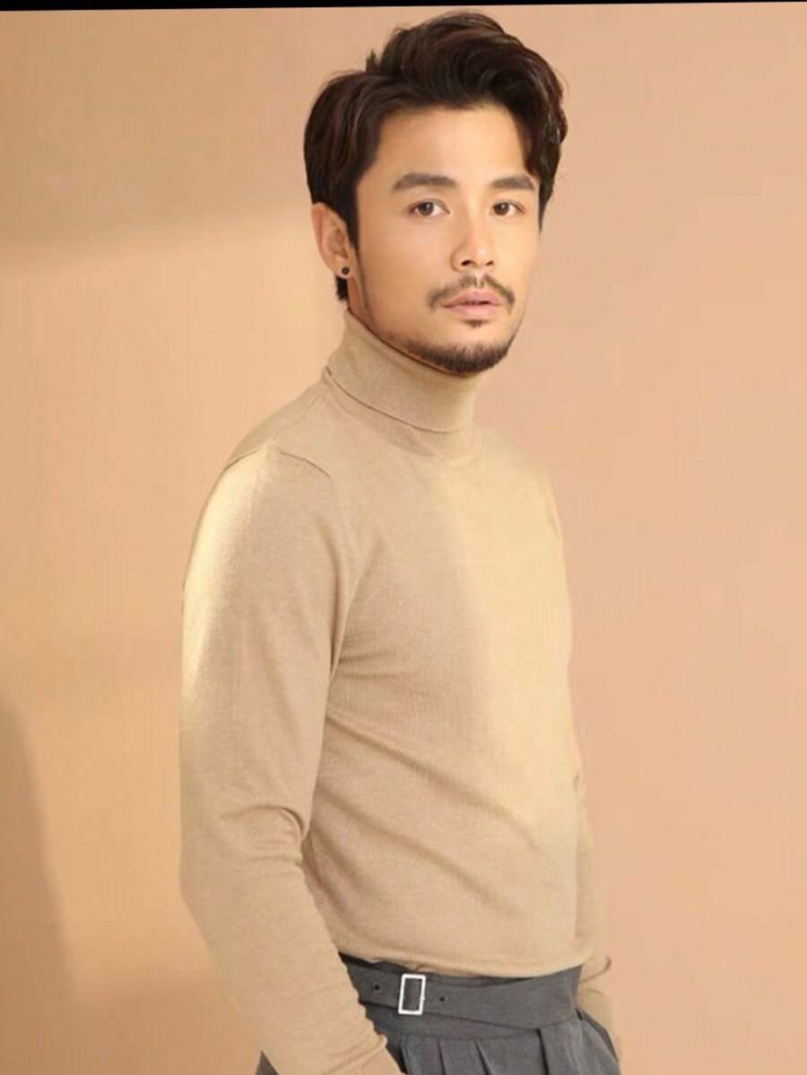 Men's Ribbed Turtleneck Sweater - Khaki - View 1