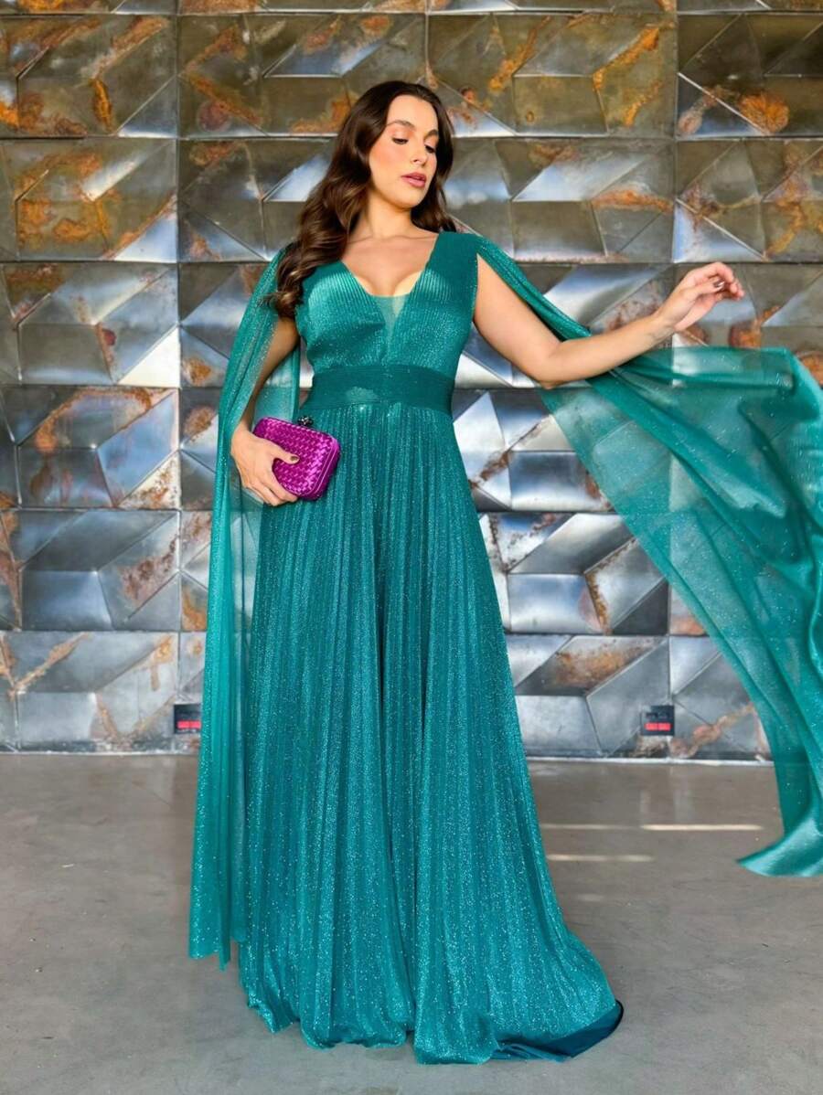 LONG DRESS FOR WEDDING BRIDESMAID GRADUATES PLEATED TULLE WITH SHINE - Teal Blue - View 1