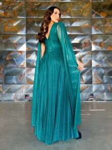 LONG DRESS FOR WEDDING BRIDESMAID GRADUATES PLEATED TULLE WITH SHINE - Teal Blue - View 2