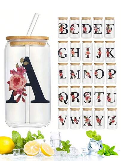 1入組450ml 15.2oz字母花朵A-Z玻璃杯，帶竹蓋和吸管的易拉罐造型玻璃杯，花朵字母印花玻璃杯，咖啡杯，清潔啤酒杯，冰茶杯，杯子，雞尾酒杯，威士忌，蘇打杯，可盛裝飲料，水果汁，燕麥片，茶，咖啡，雞尾酒，啤酒，威士忌，冰沙，水，適用於餐廳，家庭，辦公室，派對，酒吧，舞會，適合送給朋友，女友，男友，家人，同事，老師，適合給父親