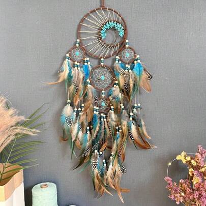 1pc Green Turquoise Life Tree Dream Catcher With Colored Feathers Wall Hanging Decoration Ornament,Home Decor ,Room Decor,Wall Decor Gifts Birthday Graduation