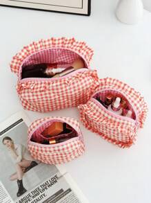 1 件/套红色小棋盘带蕾丝便携式清新化妆包，时尚休闲时尚便携式化妆包，多功能，大容量大收纳袋，可装钱包、口红、卫生巾、袋垫、硬币、钥匙、耳机、空气盒 - 紅色 - 查看 7