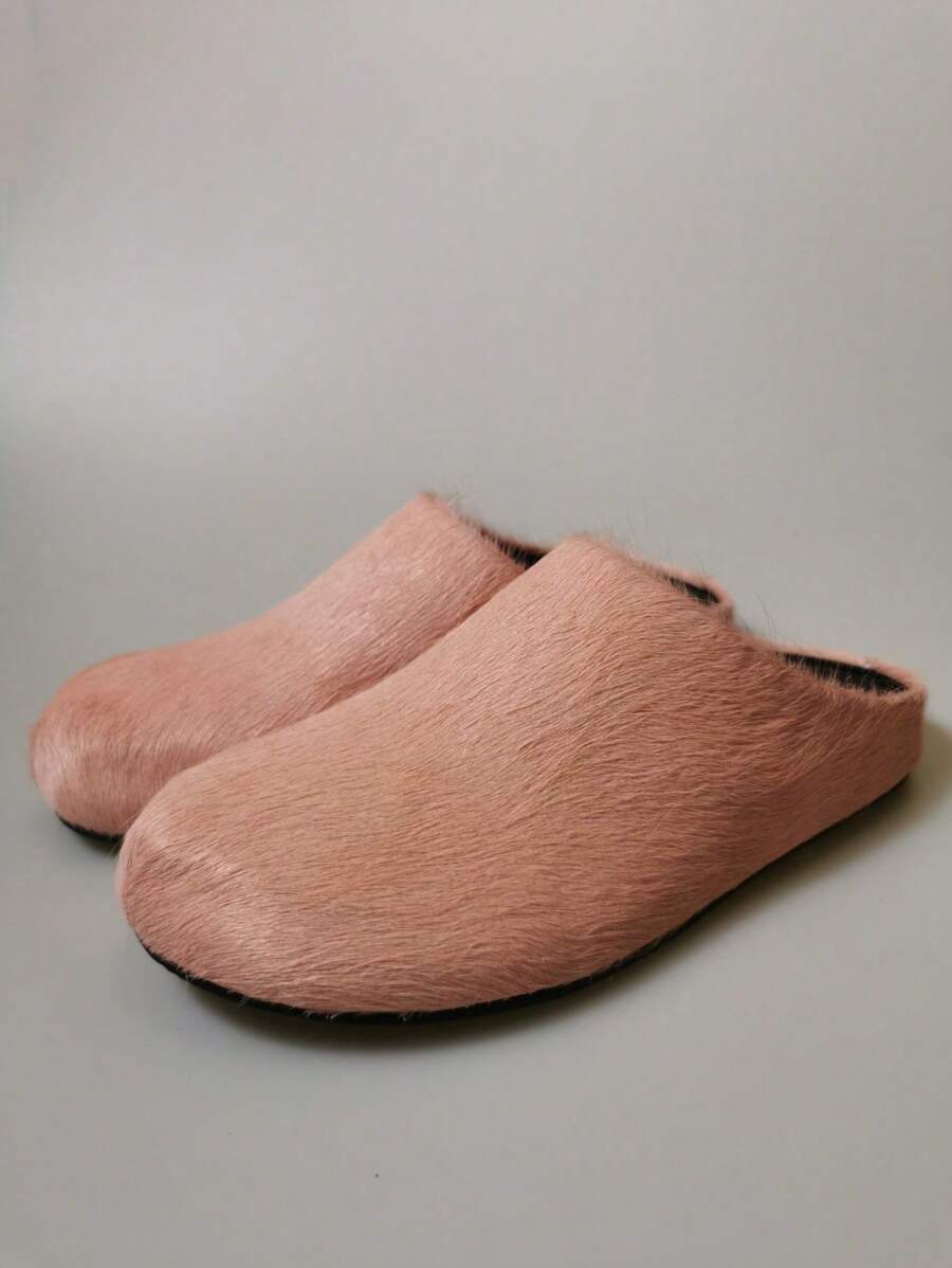 新款毛绒一脚蹬拖鞋，秋冬厚底休闲室内外家居服 - 粉色 - 查看 1