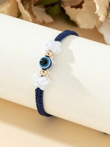 1pc Cute & Sweet Faux Pearl Butterfly & Evil Eye Adjustable Bracelet For Women, Suitable For Daily Wear & Festivals - الأزرق - مشاهدة 2