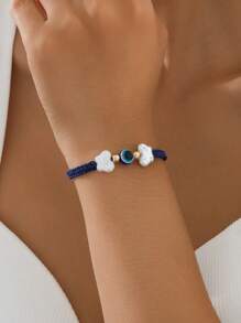 1pc Cute & Sweet Faux Pearl Butterfly & Evil Eye Adjustable Bracelet For Women, Suitable For Daily Wear & Festivals - الأزرق - مشاهدة 1