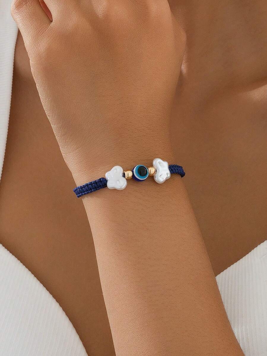 1pc Cute & Sweet Faux Pearl Butterfly & Evil Eye Adjustable Bracelet For Women, Suitable For Daily Wear & Festivals - الأزرق - مشاهدة 1