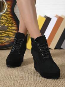 European And American New Cross-Border Plus Size Platform Ankle Boots, Winter Warm Lace-Up Fashionable EU/US High Heel  Boots For Women - Black - View 5