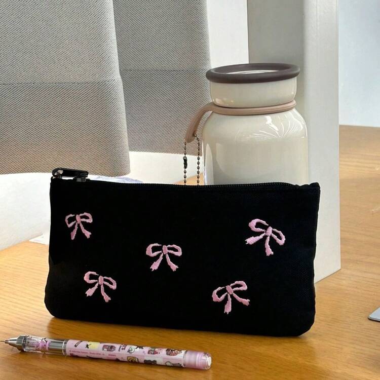 1 件黑色蝴蝶结刺绣铅笔盒，大容量学生文具袋，返校，返校，学校用品，铅笔袋，书包 - 彩色 - 查看 3