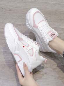 Giày thể thao đế bằng màu hồng cho nữ, đế dày, mũi tròn, thoáng khí, buộc dây, đế xuồng, mùa thu - Hồng - Xem 4