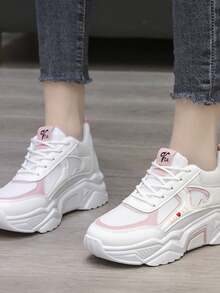 Giày thể thao đế bằng màu hồng cho nữ, đế dày, mũi tròn, thoáng khí, buộc dây, đế xuồng, mùa thu - Hồng - Xem 5