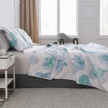 3Pcs Summer Beach Bedspreads Set King Queen Twin Size Lightweight Coastal Ocean Theme Quilts Seashell Conch Coverlet Sets Starfish Seahorse Seaweed Printed Bedding Pillow Shams - 藍色 綠色 白色 - 查看 3