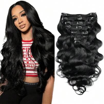 Clip In Hair Extensions Body Wave Real Human Hair Double Weft Human Hair Extensions 100% Brazilian Virgin Human Hair 8 Pcs With 18clips Per Pack For Women