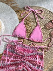 Bikinx Women's Wavy Pattern Backless Sexy Bikini Set With Cover-Up Skirt, Suitable For Summer Beach Vacation