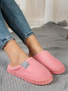 Solid Color Cozy Home Slippers For Girls, Easy Slip-On & Quiet Plush Indoor Slippers With Memory Foam Soft Sole, Minimalist, Striped, Fashionable Bedroom Slippers