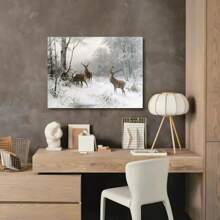 1pc Framed Vintage Deer Painting Winter Landscape Canvas Print Wall Art Mystic Forest Mountain Landscape With Deer Nature Wilderness Poster Modern Art Rustic Scenic For Living Room Bedroom Holiday Prints - White - View 3