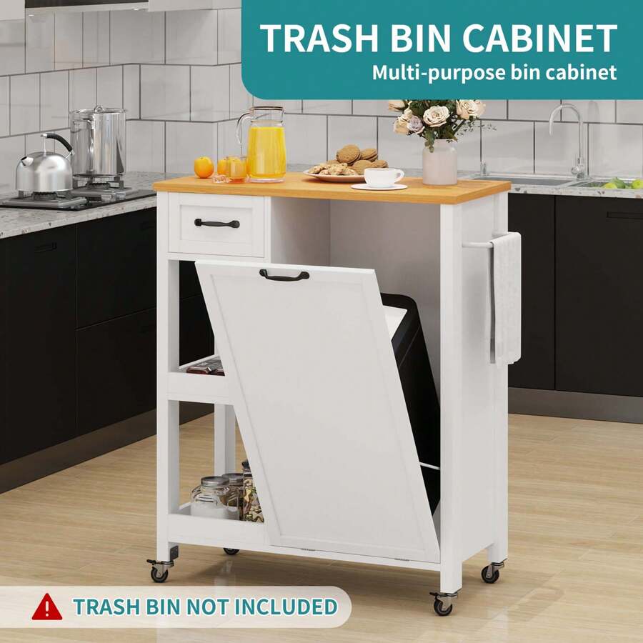 Sturdum Kitchen Island Cart With Wood Top Mobile Carts With Trash Can