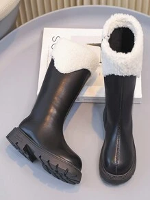 女童冬靴，拉链开合，黑色高筒，时尚公主风格，保暖内衬，日常穿着