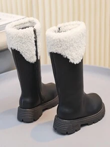 女童冬靴，拉链开合，黑色高筒，时尚公主风格，保暖内衬，日常穿着