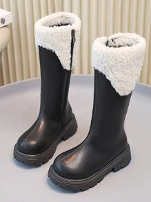 女童冬靴，拉链开合，黑色高筒，时尚公主风格，保暖内衬，日常穿着