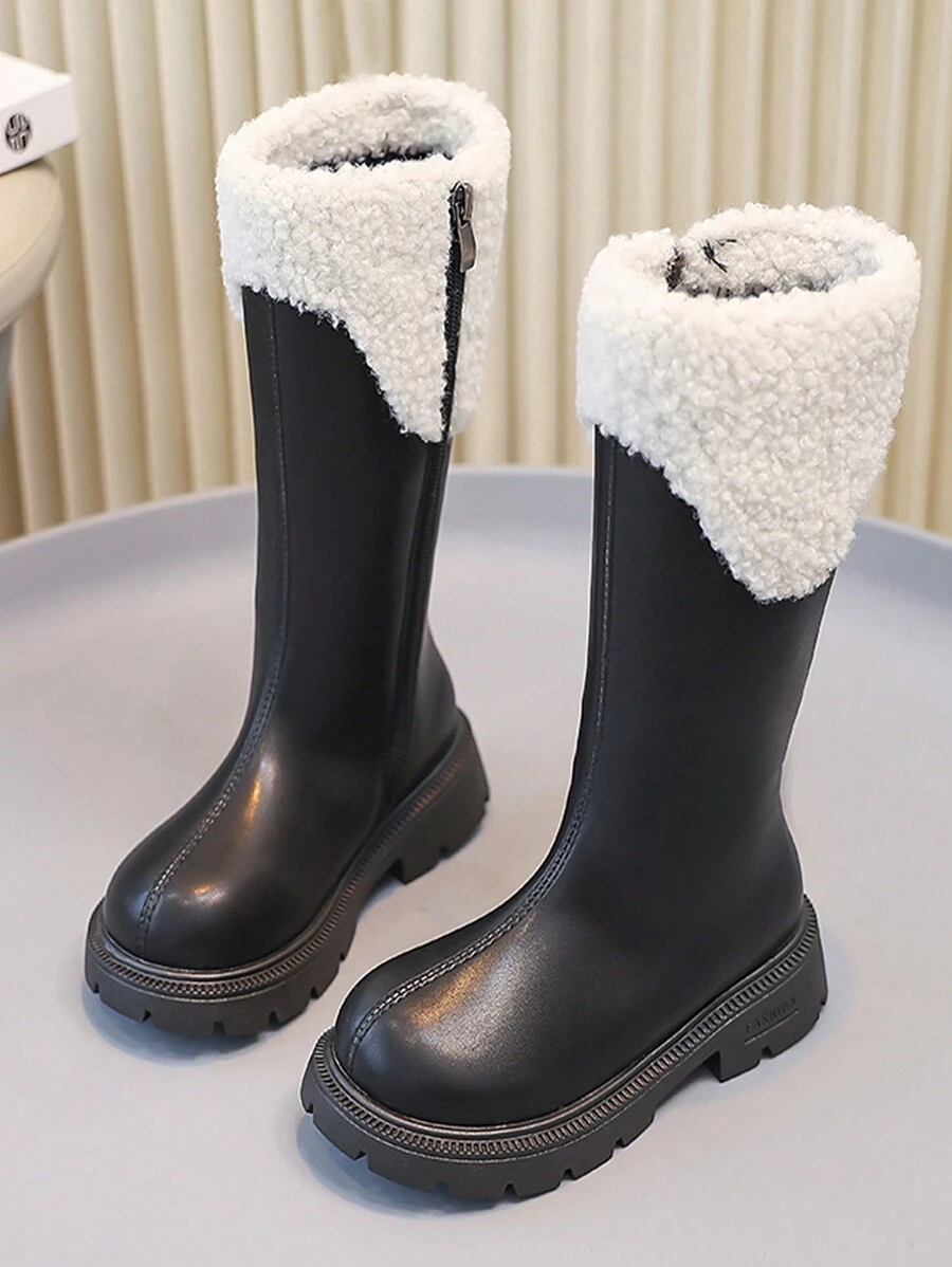 女童冬靴，拉链开合，黑色高筒，时尚公主风格，保暖内衬，日常穿着