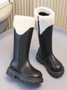 女童冬靴，拉链开合，黑色高筒，时尚公主风格，保暖内衬，日常穿着