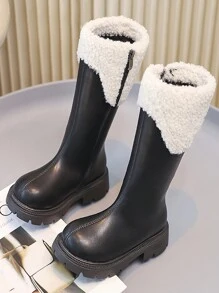 女童冬靴，拉链开合，黑色高筒，时尚公主风格，保暖内衬，日常穿着