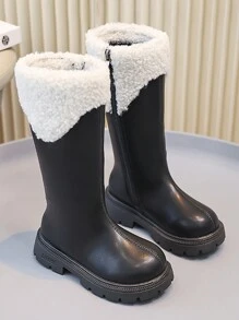 女童冬靴，拉链开合，黑色高筒，时尚公主风格，保暖内衬，日常穿着