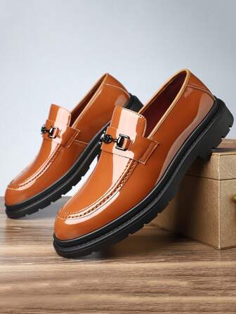 Men's Soft Sole Breathable Casual Leather Shoes, New Glossy Thick-Sole Slip-On Loafers, British Style