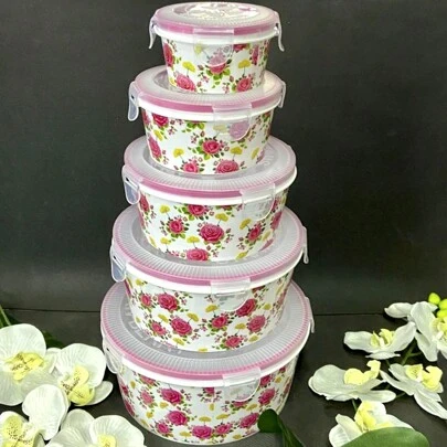 CASAMAX WL 5 piezas. Recipiente de plástico con tapa/ Organizador alimentos Cap. 2500, 1500, 950, 570, 250 ml. - Diseño floral, color puede variar