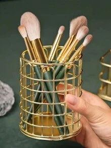 1pc Gold Metal Pen Holder For Desk, Makeup Brushes Cup, Pencil Holders, Office&Home Organizer