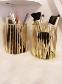 1pc Gold Metal Pen Holder For Desk, Makeup Brushes Cup, Pencil Holders, Office&Home Organizer