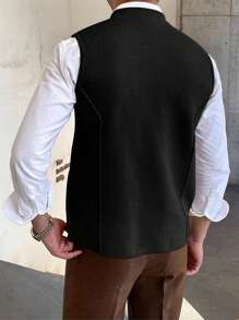 Men's V-Neck Sleeveless Solid Color Patchwork Pocket Double Breasted Sweater Vest - Black - View 2