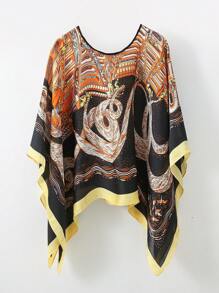 1 件女士沙滩配饰夏季印花蝙蝠袖上衣雪纺斗篷休闲宽松透明衬衫搭配花卉印花真丝围巾波西米亚风沙滩罩衫配饰女士 - 彩色 - 查看 19