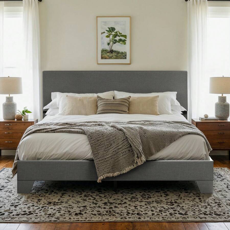 HOOMIC Upholstered Bed Frame With Adjustable Headboard, Beige/Black/Dark Grey/Light Grey - Soft Linen Fabric & White -  Premium Faux Leather, Full/Queen/King Size, Strong Supporting Structure, Noise-Free, No Box Spring Needed, Easy Assembly * Bed Frame Queen Queen Bed Frame Bed Frame Full Full Size Bed Frame King Size Bed Frame Twin Bed Frame Room Decor Home Decor Christmas Decor Bedroom Decor Valentine Day Decor Storage Living Room Decor Furniture House Decor