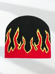 1pc Men's Unique Y2K Fire Pattern Knitted Beanie Hat, Suitable For Autumn/Winter Warmth And Casual Outfit Winter Hat Fall Outfit