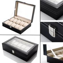 Watch Display Case 10 Grids Jewelry Collection Storage Organizer Leather Box Back To School Dormitory Storage - Black - View 3