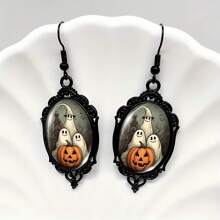 Wis Funky Ghost & Pumpkin Black Lace Dangle Earrings - Glass Inlay, Alloy With Iron Posts For Men Dangle Earrings For Women Halloween Gift