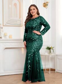 大码美人鱼刺绣花卉亮片礼服，优雅长袖正式晚宴婚礼宾客礼服，适合毕业典礼、晚宴、各季节派对等场合 - 墨綠色 - 查看 6