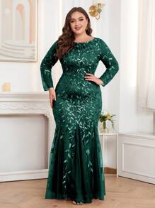 大码美人鱼刺绣花卉亮片礼服，优雅长袖正式晚宴婚礼宾客礼服，适合毕业典礼、晚宴、各季节派对等场合 - 墨綠色 - 查看 5