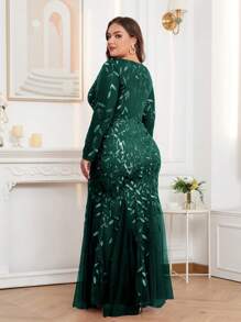 大码美人鱼刺绣花卉亮片礼服，优雅长袖正式晚宴婚礼宾客礼服，适合毕业典礼、晚宴、各季节派对等场合 - 墨綠色 - 查看 3